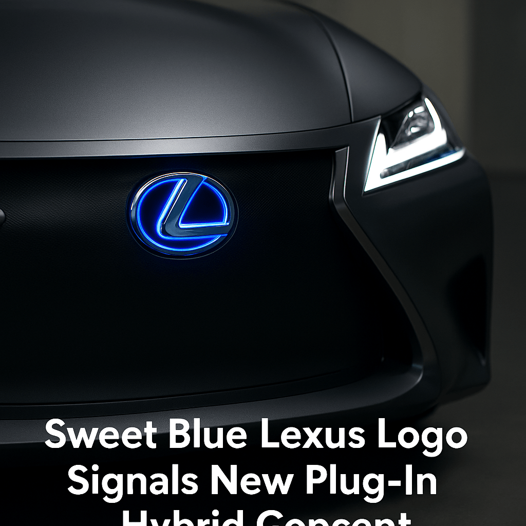 A digital photograph presents a close-up of the front end of a Lexus PHEV concept featuring a glowing blue Lexus logo, sleek LED headlight, and the corrected caption “Sweet Blue Lexus Logo Signals New Plug-In Hybrid Concept” in white text below.