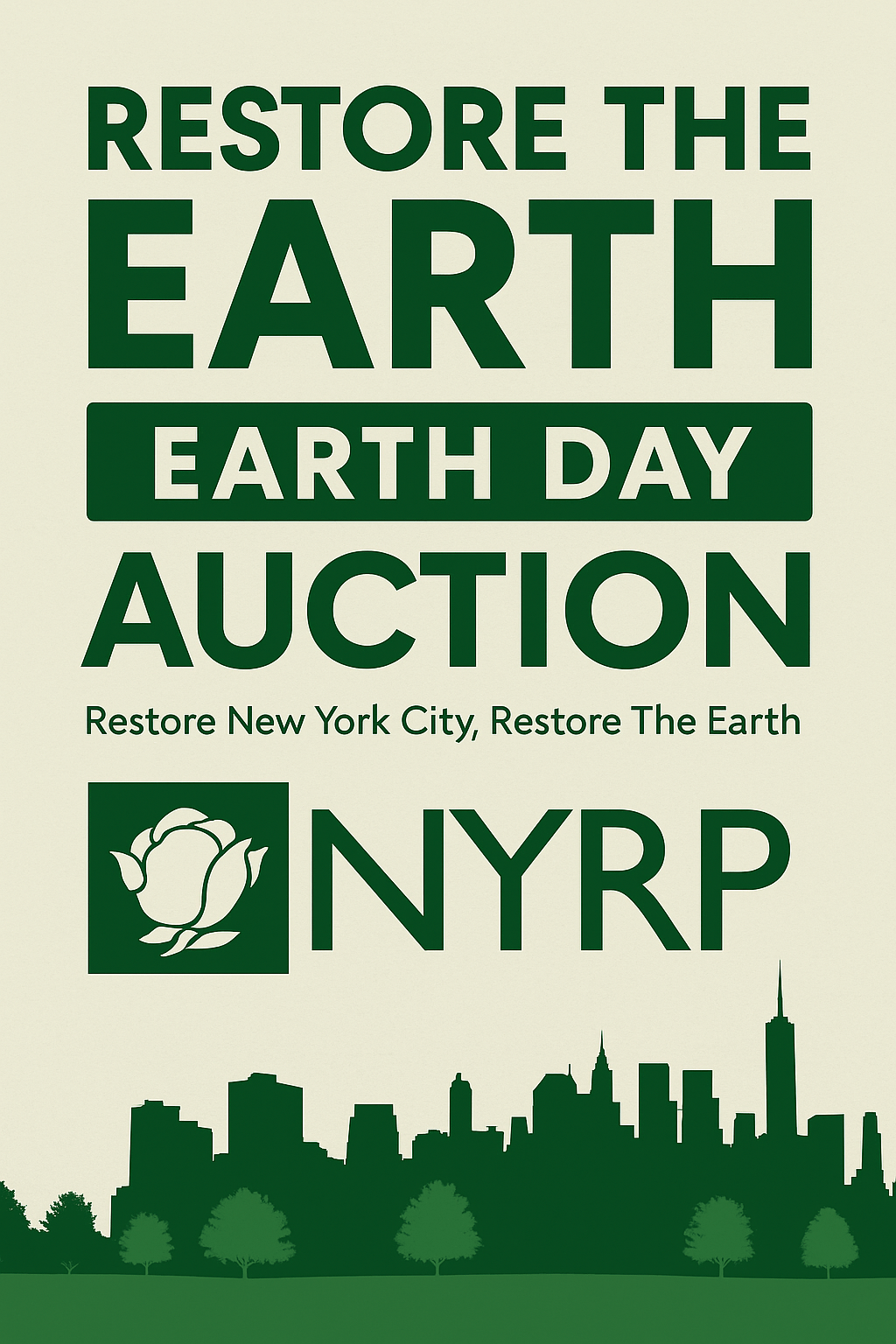 Digital poster for the NYRP Earth Day auction with bold green typography, the New York City skyline, and tree silhouettes.