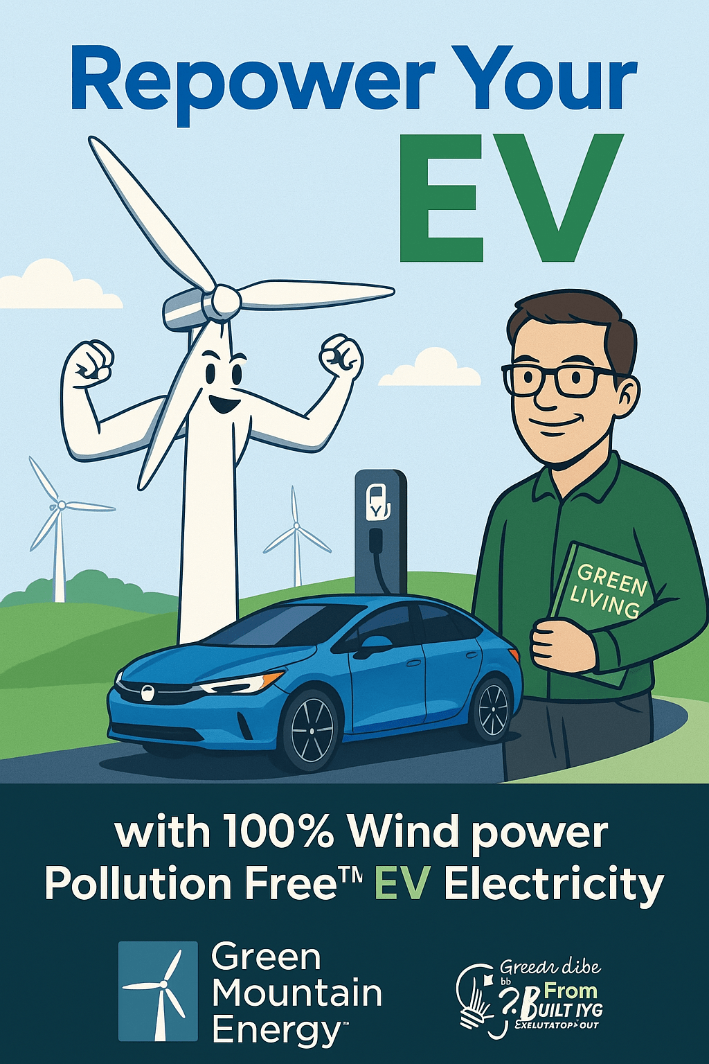 Cartoon-style graphic promoting Green Mountain Energy’s Pollution Free™ EV electricity plan, featuring a smiling wind turbine, a blue EV charging, and a character holding a “Green Living” book beside logos and bold text promoting 100% wind power.