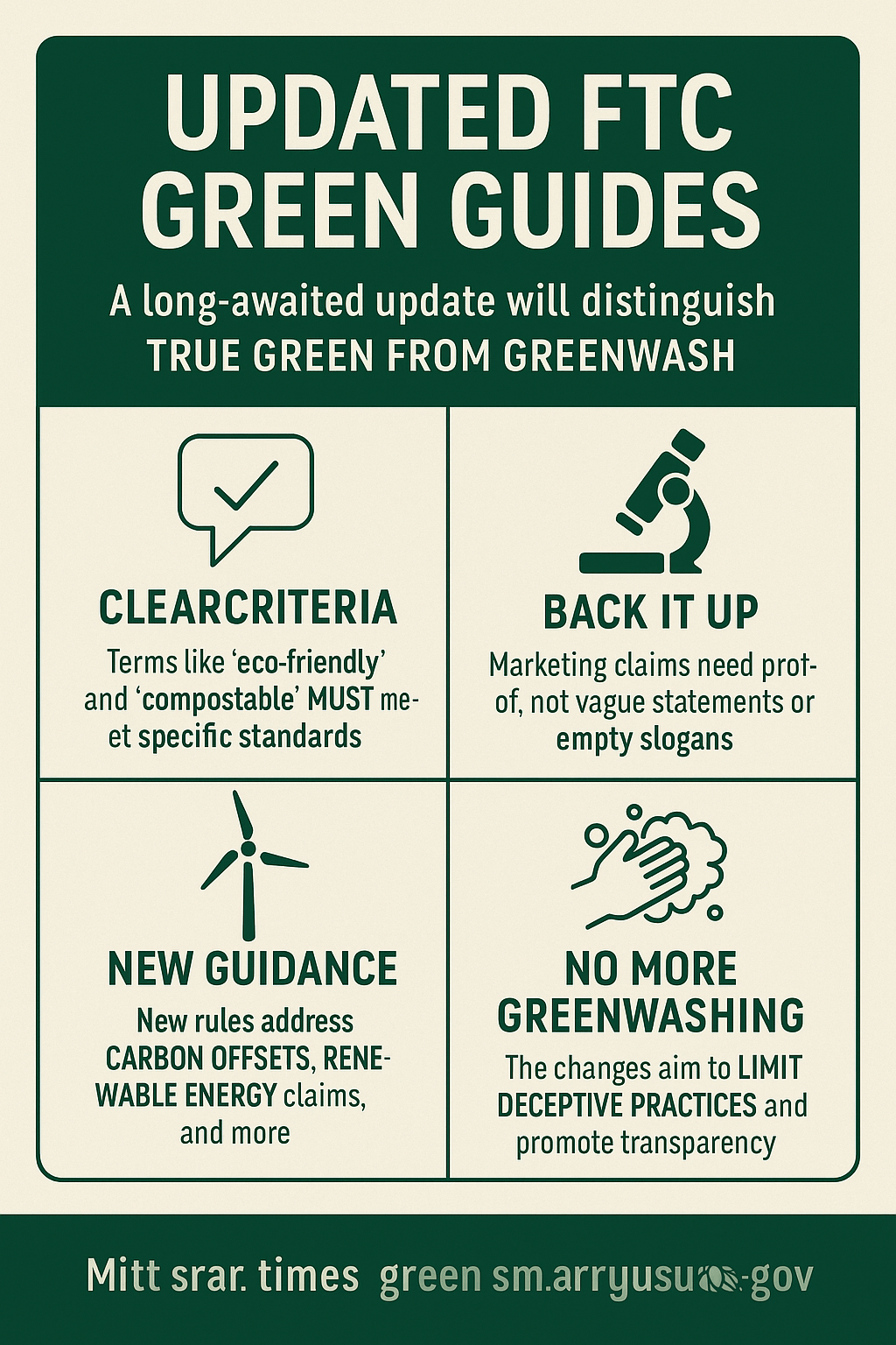 Infographic titled “UPDATED FTC GREEN GUIDES” illustrating new rules to prevent greenwashing.