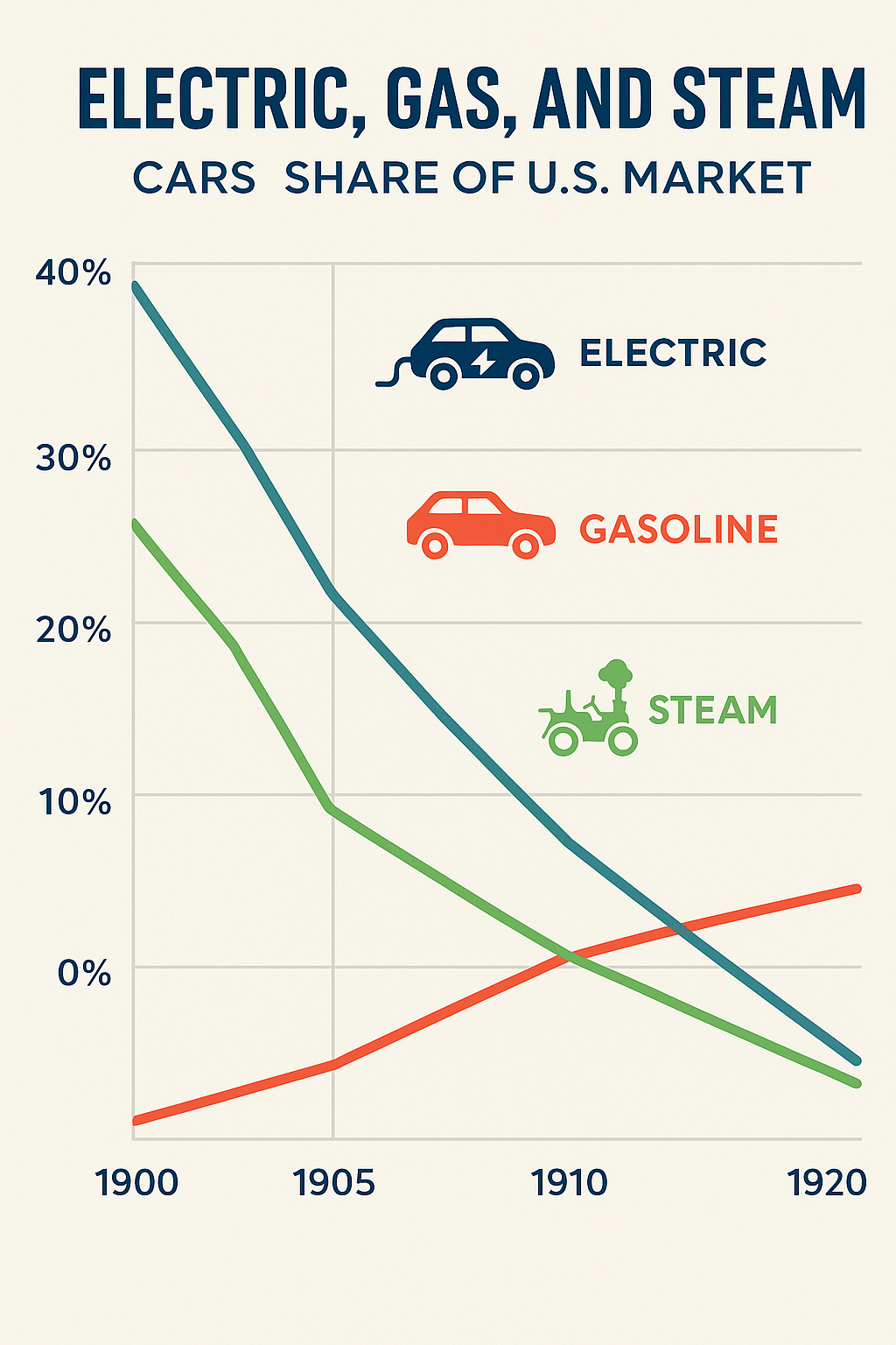 Infographic showing U.S. market share trends for electric, gasoline, and steam cars from 1900 to 1920, with lines illustrating the rise of gas and decline of electric and steam vehicles.