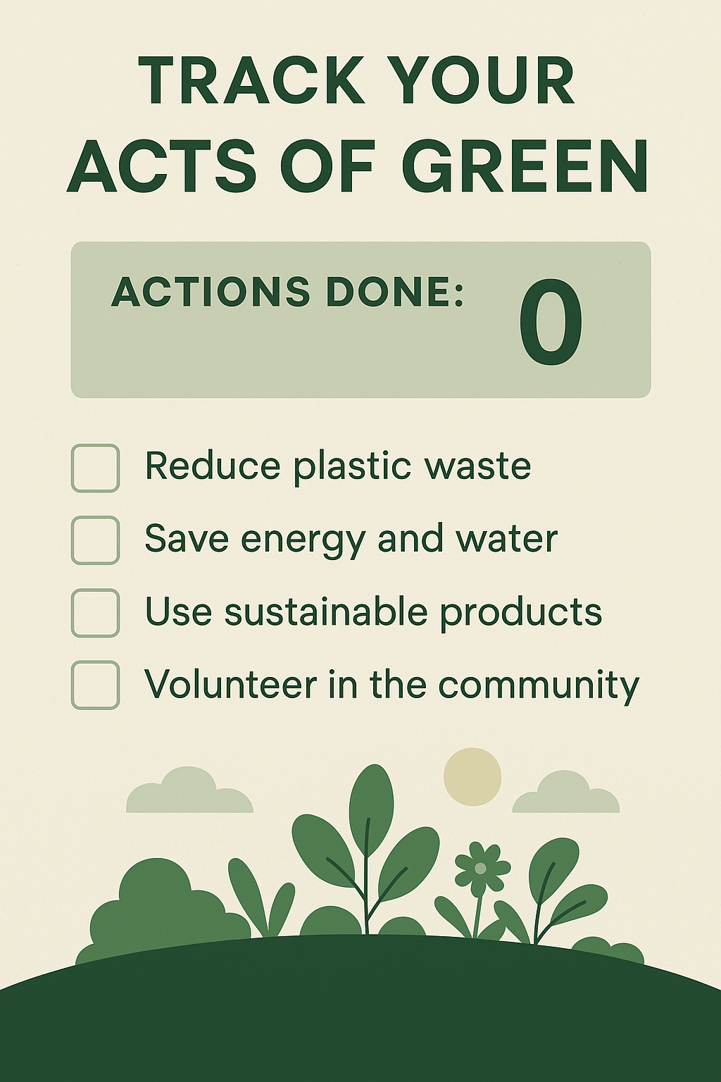 Infographic titled “Track Your Acts of Green” showing a checklist with actions like reducing plastic waste, saving energy and water, using sustainable products, and volunteering in the community, alongside a counter and nature-themed illustrations.