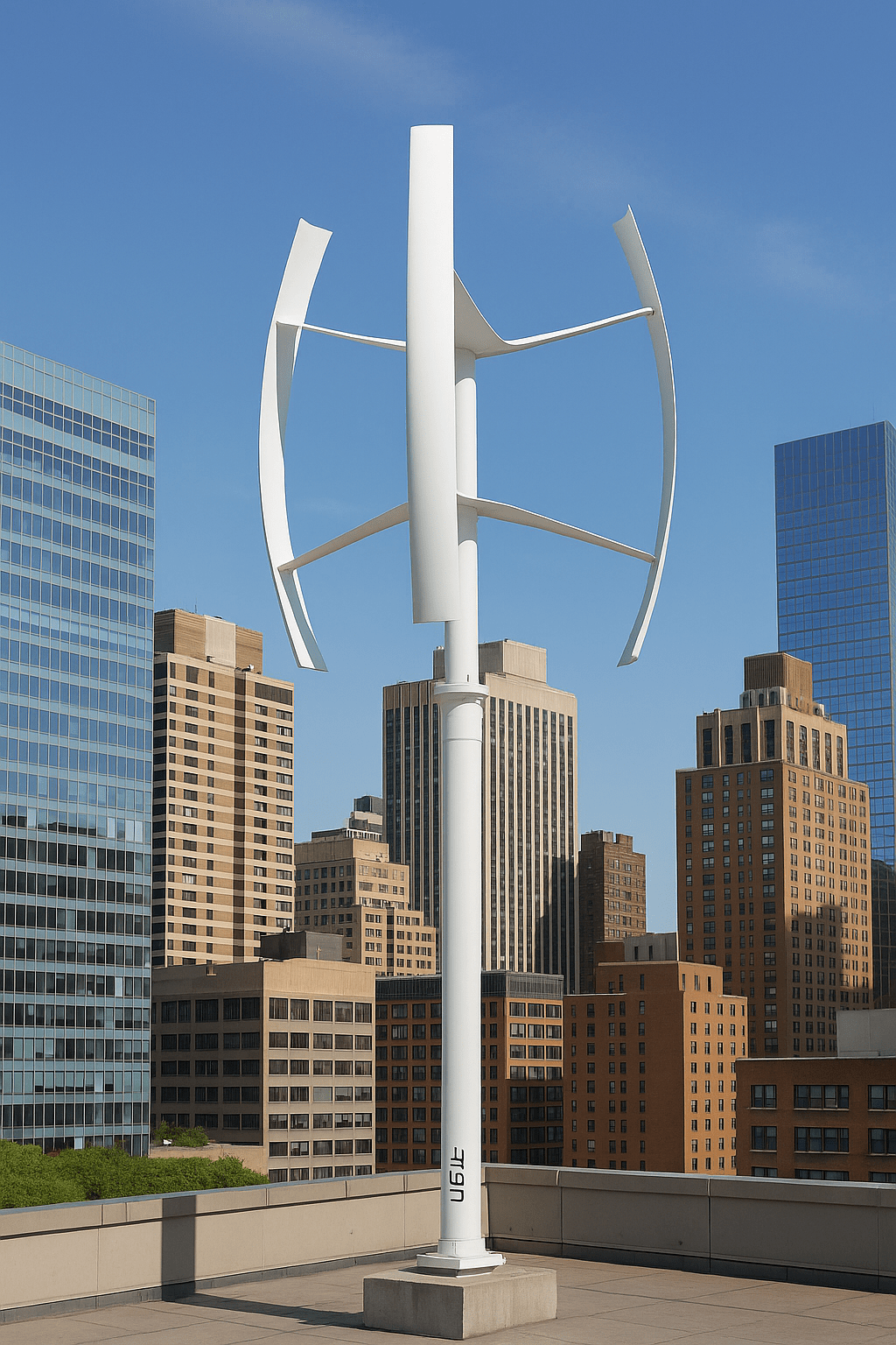 A high-resolution rendering of a white UGE (Urban Green Energy) vertical-axis wind turbine mounted on a city rooftop, surrounded by tall modern buildings under a clear blue sky, symbolizing clean energy integration in urban environments.