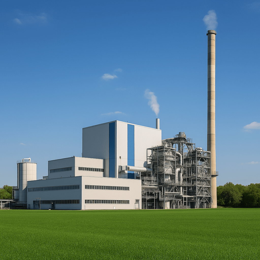 A modern waste-to-energy (WTE) facility with tall chimneys and industrial piping, set against a clear blue sky and surrounded by green grass and trees.