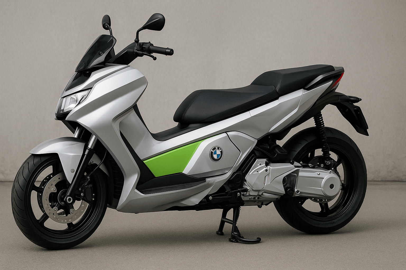 BMW electric scooter parked against a concrete wall, showcasing its sleek silver body with green accents and black seat.