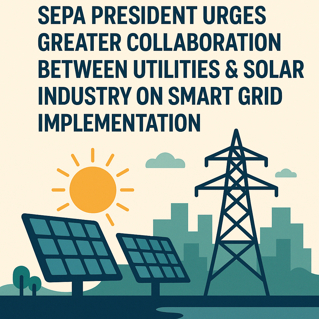 Illustration of solar panels, a power line tower, and a city skyline beneath text calling for collaboration between utilities and the solar industry on smart grid implementation.