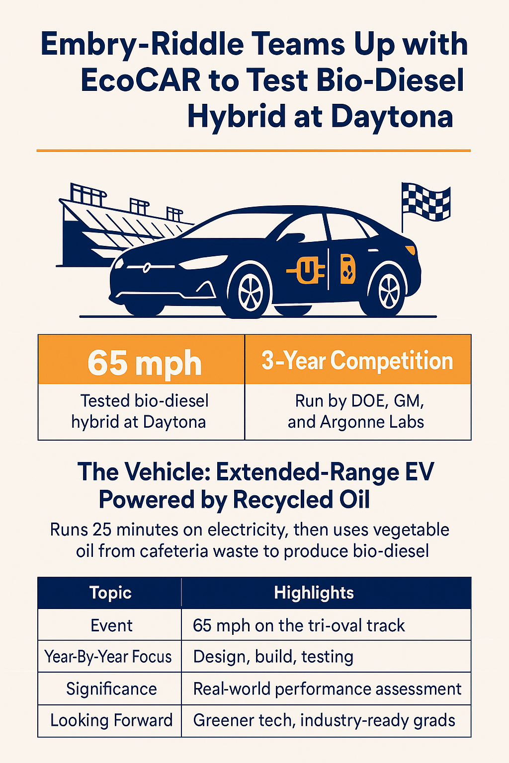 Infographic highlighting Embry-Riddle Aeronautical University’s EcoCAR bio-diesel hybrid test at Daytona International Speedway, showing a blue electric car with a charging icon, racetrack stands, and a checkered flag, alongside performance stats and a summary table.