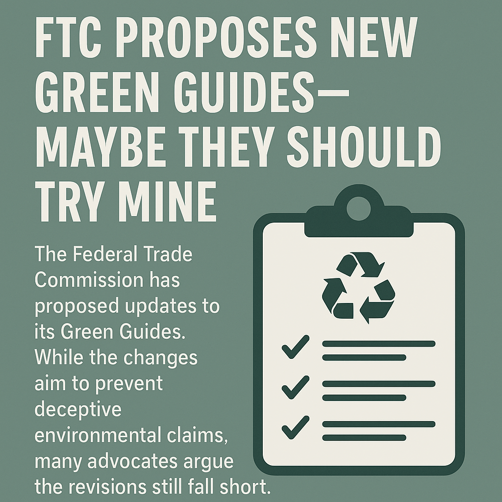 Digital graphic announcing the FTC’s proposed updates to the Green Guides, highlighting eco-marketing reform.
