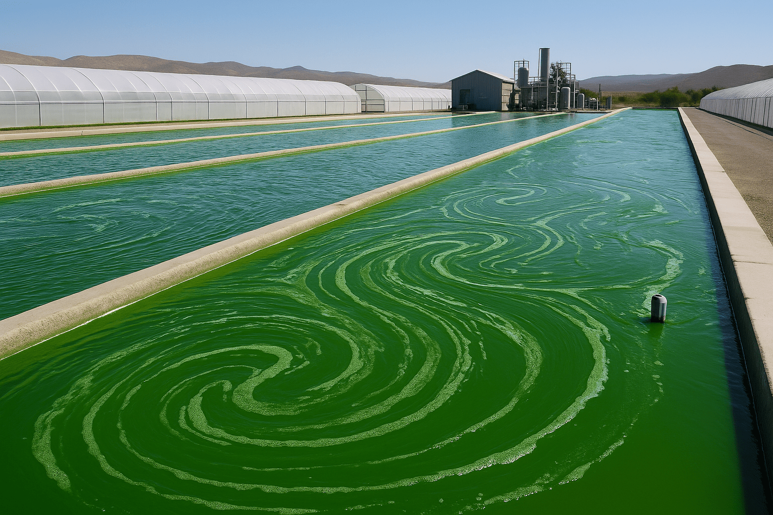 High-resolution photograph of an algae production facility showing swirling green algae ponds, flanked by greenhouses and industrial tanks, with a clear sky and arid hills in the background—illustrating algae-based biofuel research and development