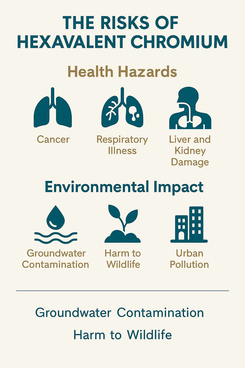 Infographic detailing the health hazards and environmental impacts of hexavalent chromium, including cancer, respiratory illness, organ damage, groundwater contamination, harm to wildlife, and urban pollution.
