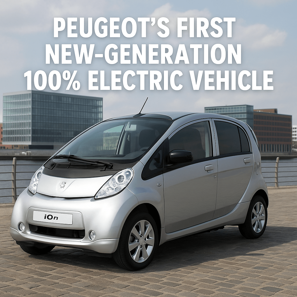 Peugeot iOn electric vehicle parked on a cobblestone path near a waterfront, with bold text announcing it as Peugeot’s first 100% electric car.