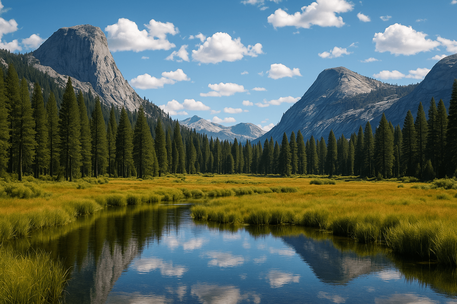 High-resolution landscape of a wetland valley in California, featuring reflective water, golden grasses, tall evergreen trees, and granite mountain peaks under a blue sky.