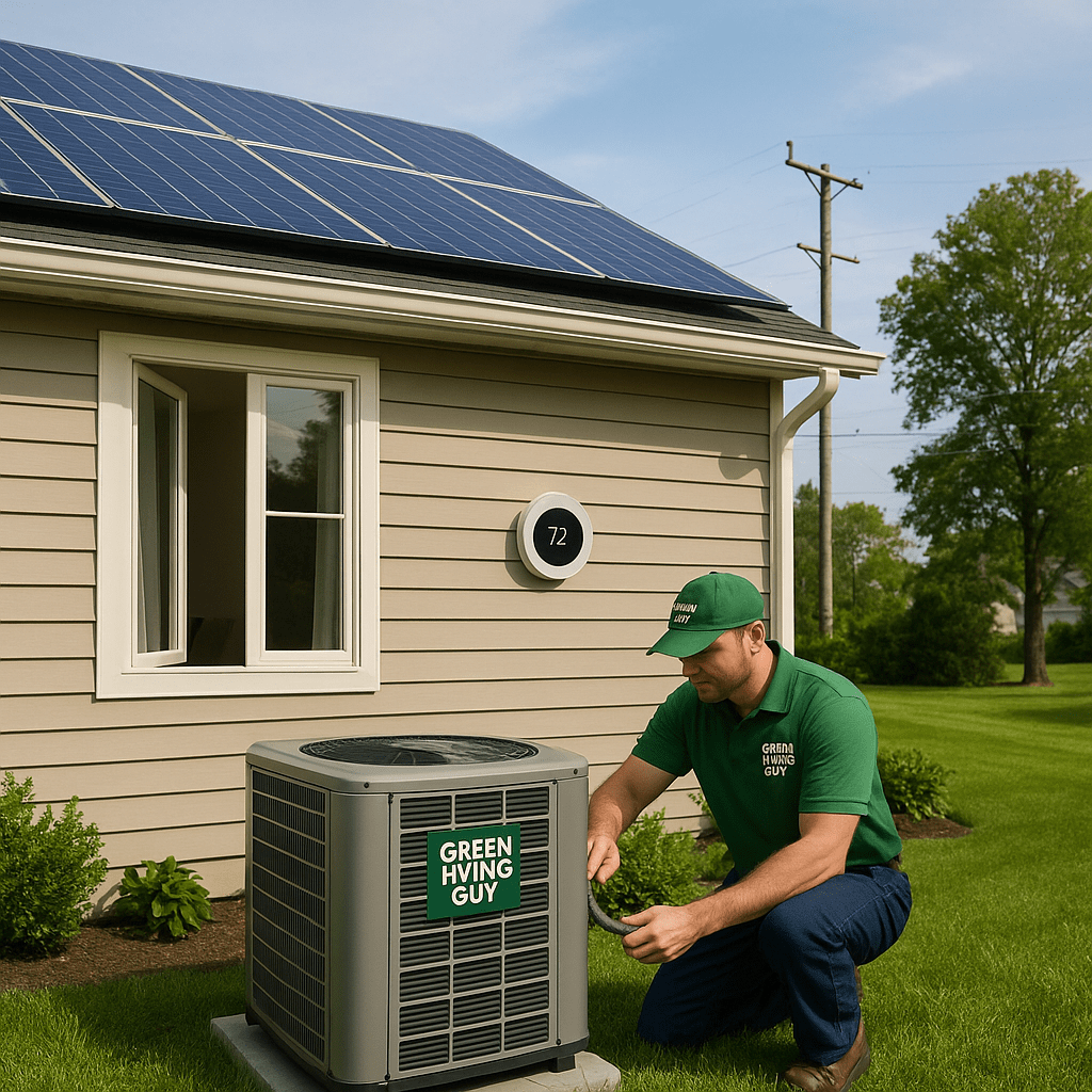 Suburban home with solar panels, an HVAC technician working on an efficient heat pump, and a smart thermostat inside—illustrating modern energy efficiency solutions.