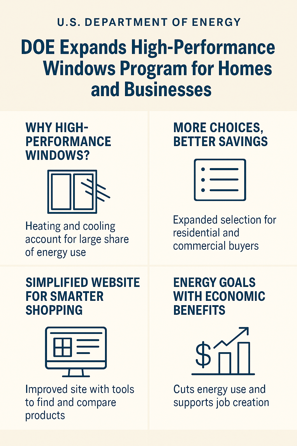 An infographic from the U.S. Department of Energy titled “DOE Expands High-Performance Windows Program for Homes and Businesses,” with four sections highlighting the benefits of high-performance windows, expanded product selection, a simplified website for comparison, and economic plus energy-saving advantages.