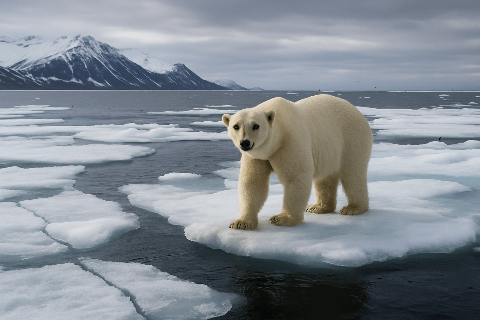 A polar bear stands on melting sea ice in the Arctic, with cracked ice floes and cold gray water symbolizing climate change impacts on the fragile ecosystem.