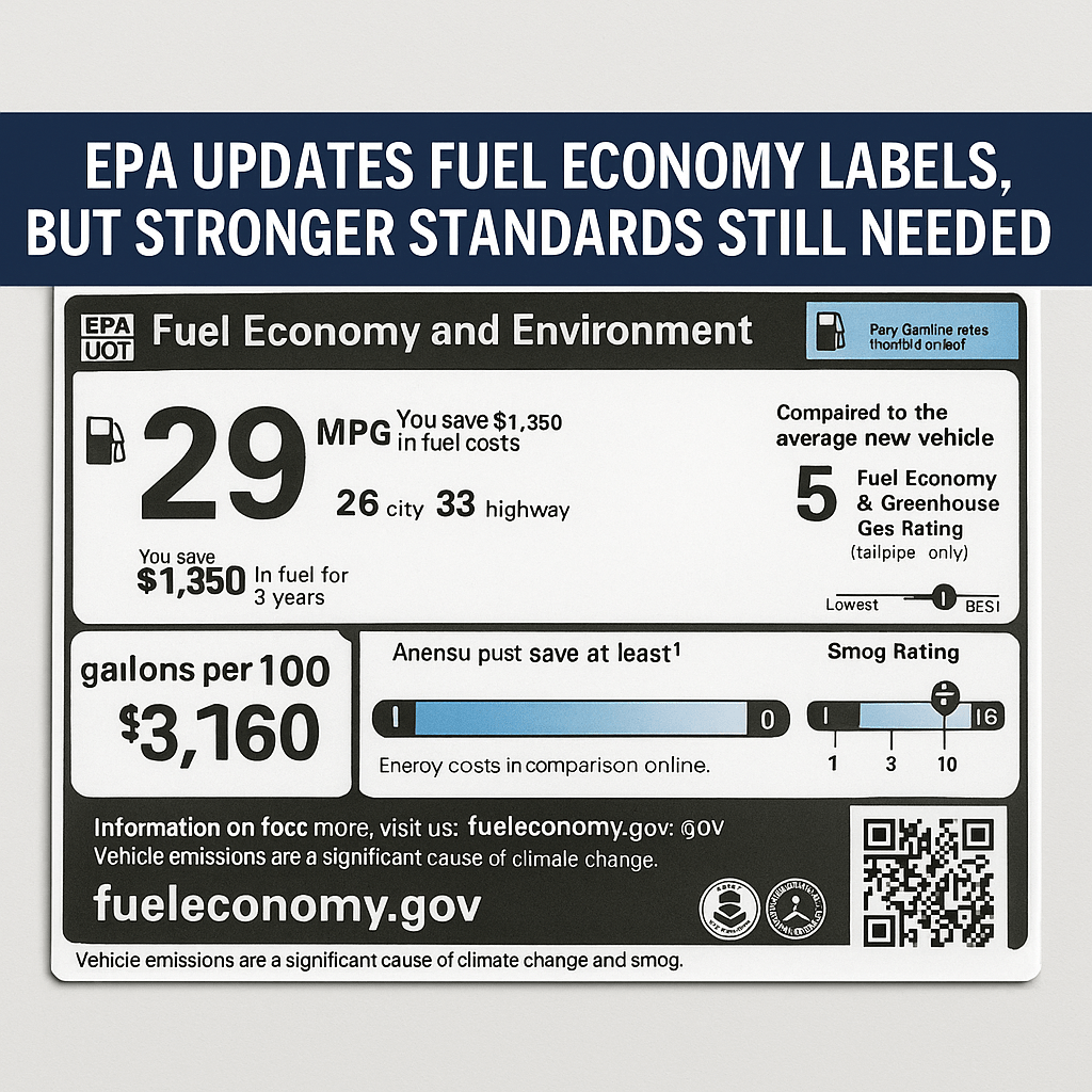 Updated U.S. EPA fuel economy label displaying MPG, emissions ratings, and fuel cost estimates on a white background with black and green accents.