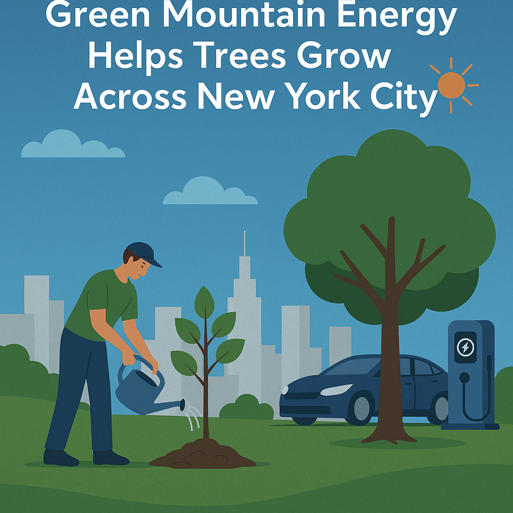 A digital illustration promoting Green Mountain Energy shows a man watering a newly planted tree in a park with a city skyline, electric vehicle, and charging station in the background, symbolizing clean energy and urban greening in New York City.