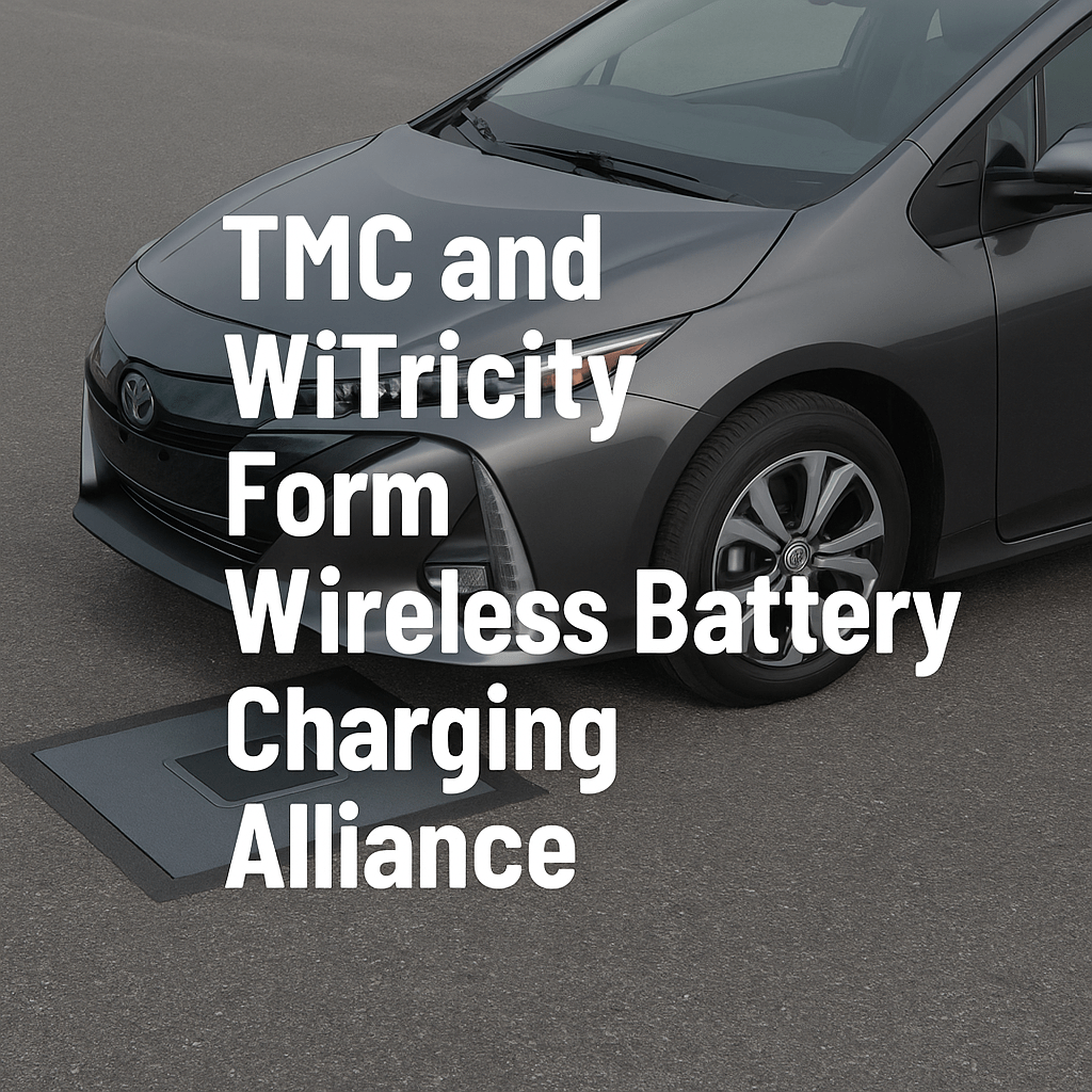Gray Toyota electric vehicle parked over a wireless charging pad on asphalt, with bold white text announcing the TMC and WiTricity battery charging alliance.