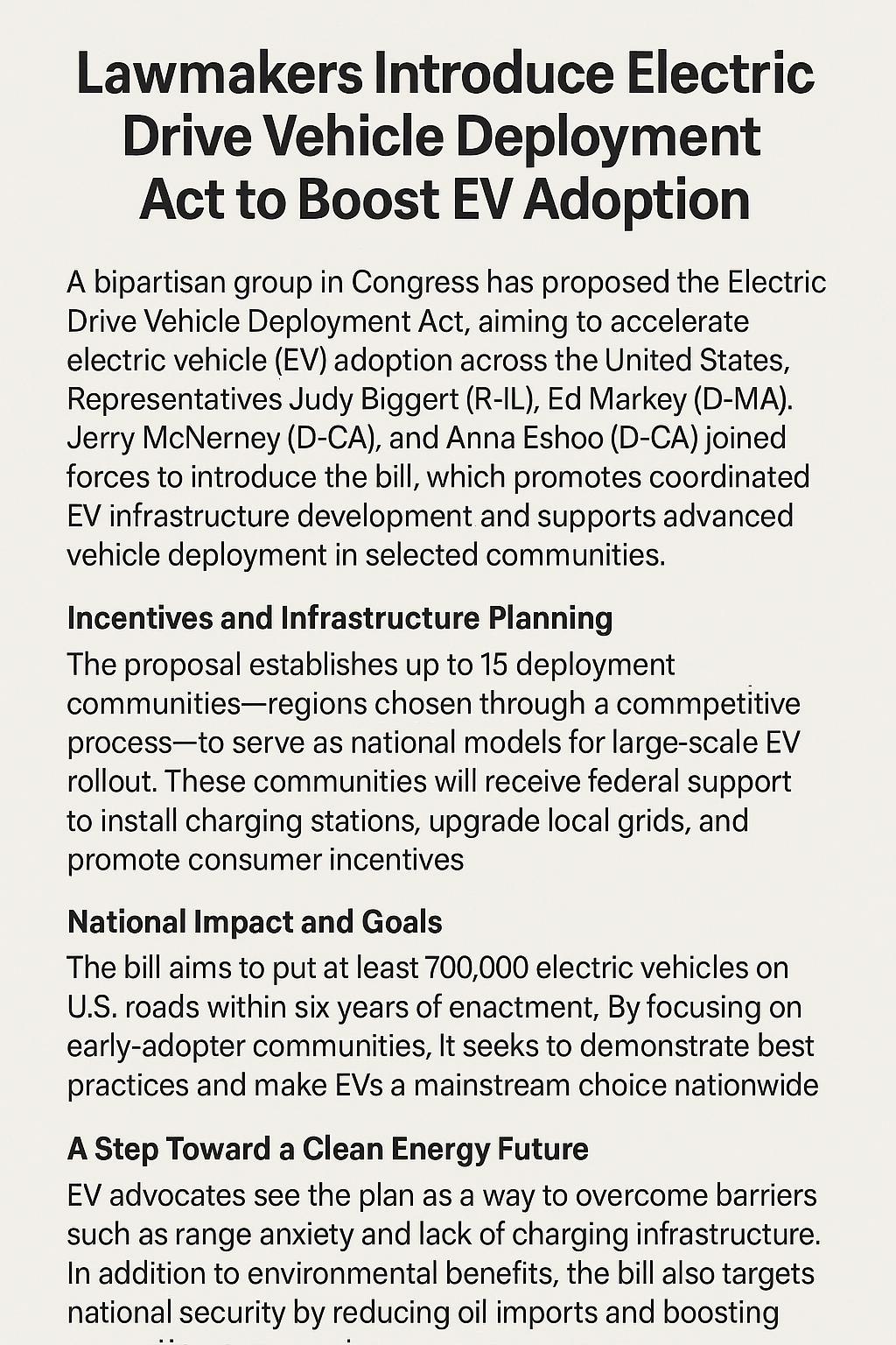 News-style graphic summarizing the Electric Drive Vehicle Deployment Act introduced by U.S. lawmakers to expand EV infrastructure and adoption.