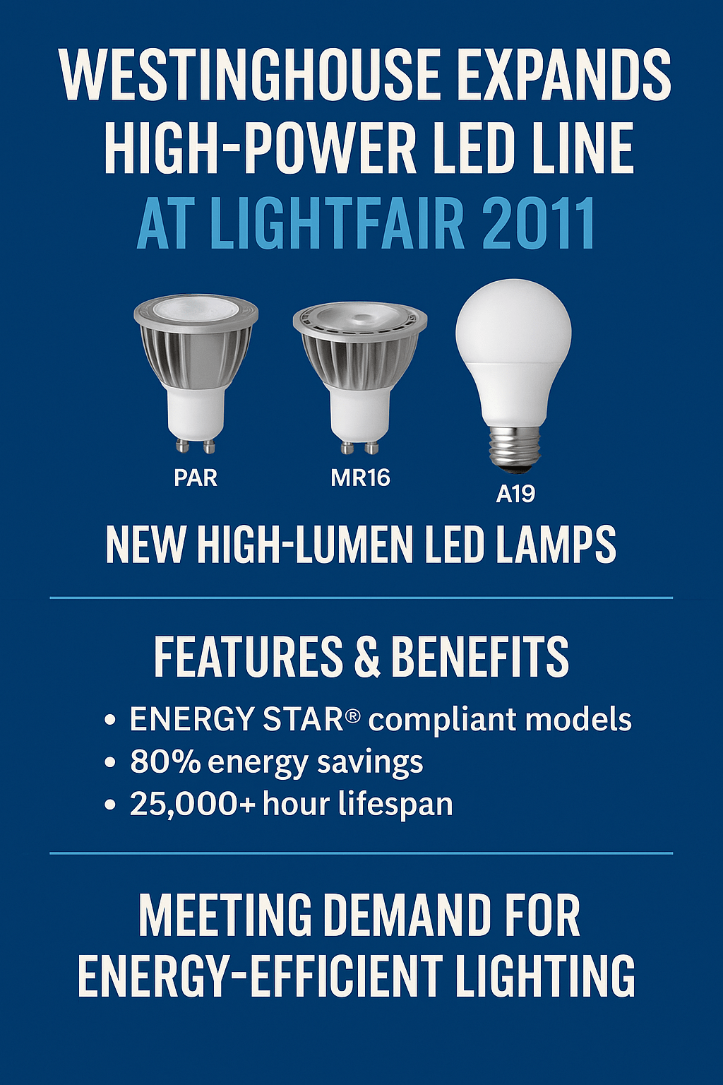 Digital poster announcing Westinghouse’s expansion of high-power LED products at LIGHTFAIR 2011, featuring PAR, MR16, and A19 LED lamps.