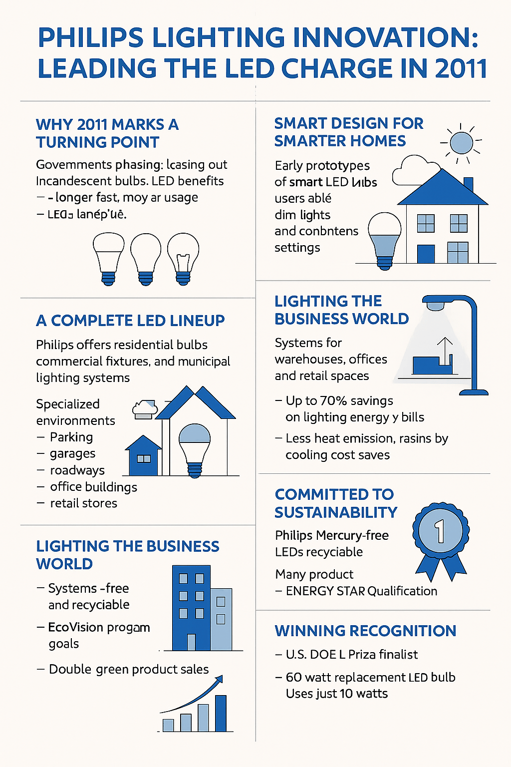 Infographic titled ‘Philips Lighting Innovation: Leading the LED Charge in 2011,’ highlighting key benefits of Philips LED technology including smart home integration, complete product lineup, business energy savings, sustainability goals, and award recognition using flat icons and bold blue graphics.