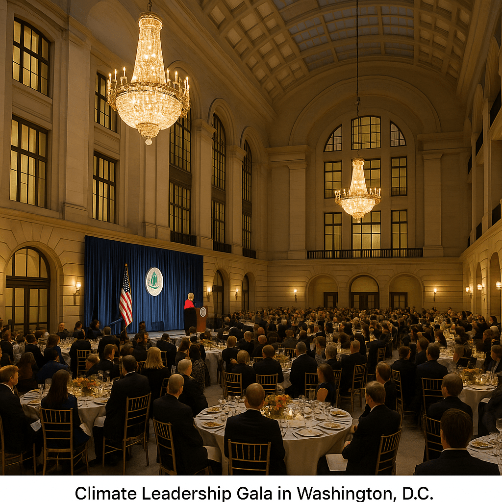 The EPA Atrium inside the Ronald Reagan Building lit up during the Climate Leadership Gala in Washington, D.C.