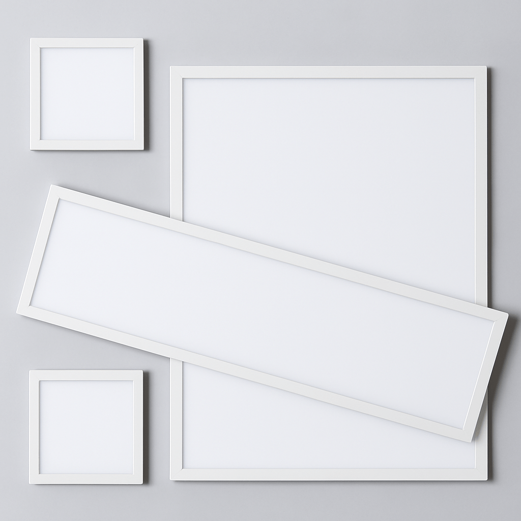 Four white LED flat panel light fixtures arranged on a light gray background, including square and rectangular shapes with sleek, recessed designs.