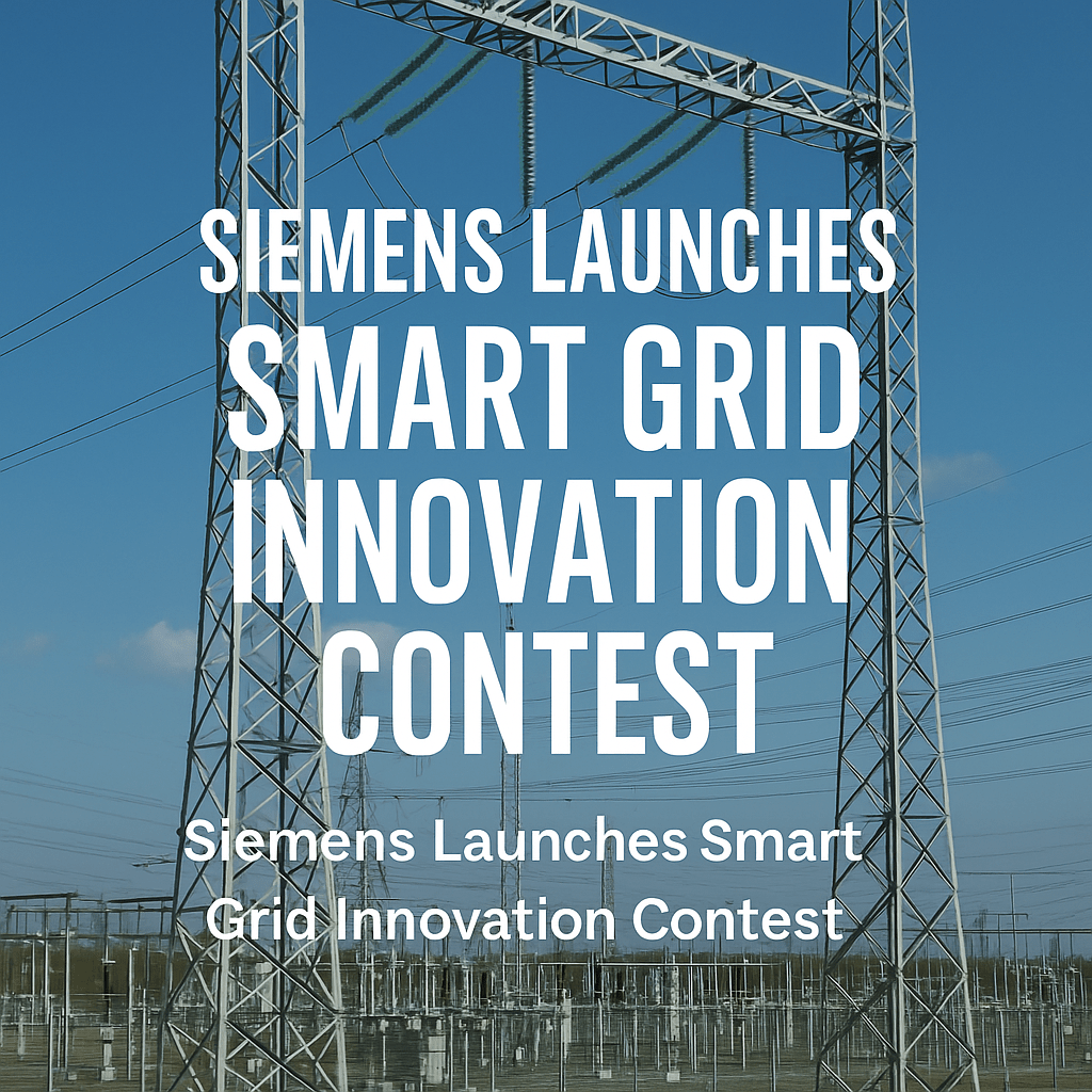 Electric power substation with steel towers and transmission lines under a clear blue sky, overlaid with bold text announcing Siemens’ Smart Grid Innovation Contest.