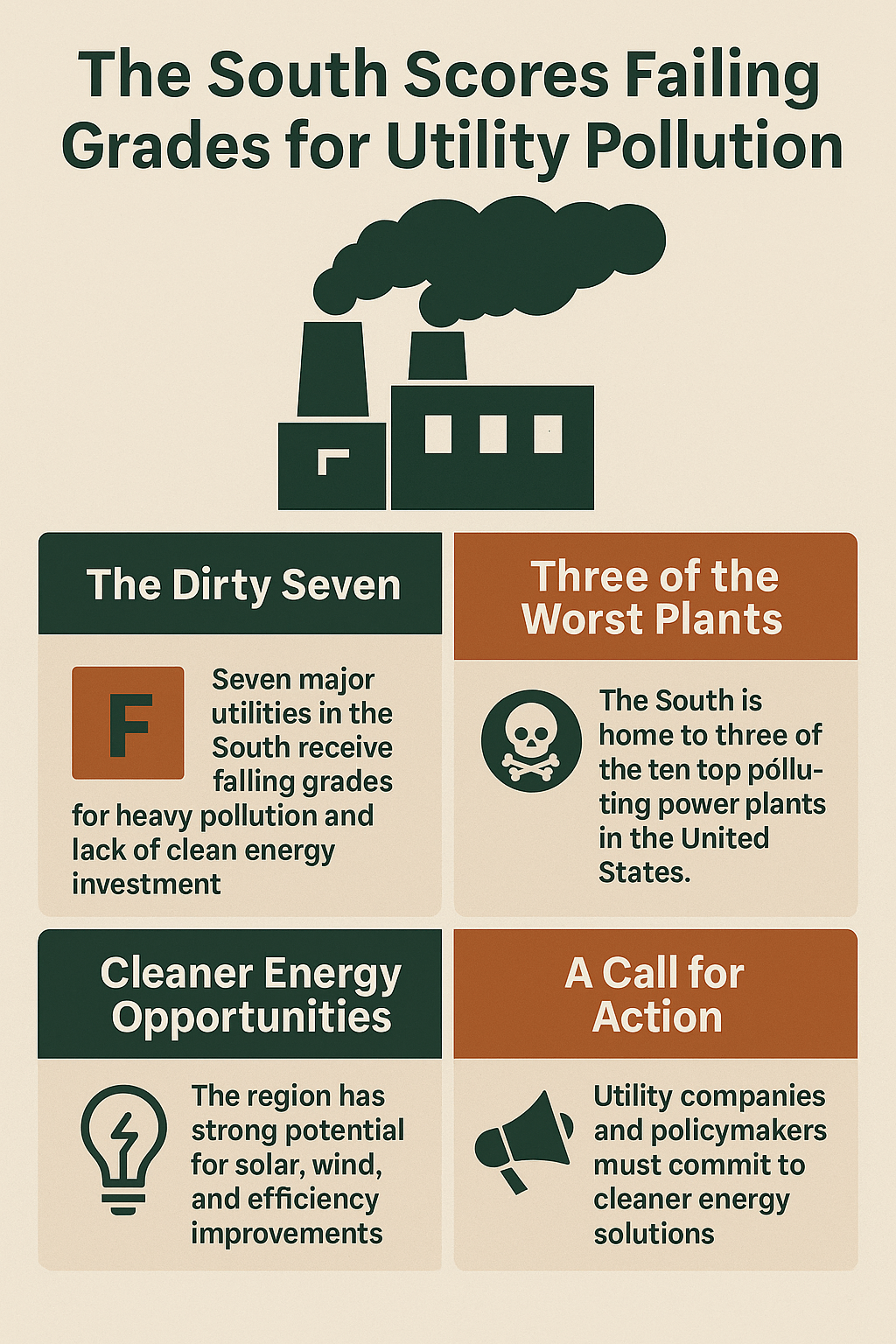 Infographic explaining utility pollution in the South, with sections on the Dirty Seven utilities, the worst-polluting plants, cleaner energy opportunities, and a call for action.