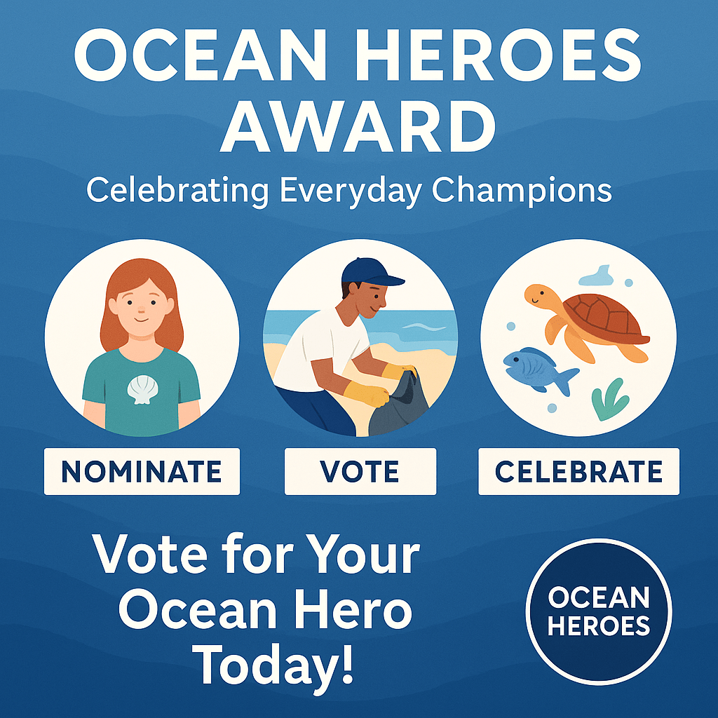 Infographic with three sections labeled Nominate, Vote, and Celebrate, featuring ocean-themed icons and a call to action reading ‘Vote for Your Ocean Hero Today!’ on a blue wave background.