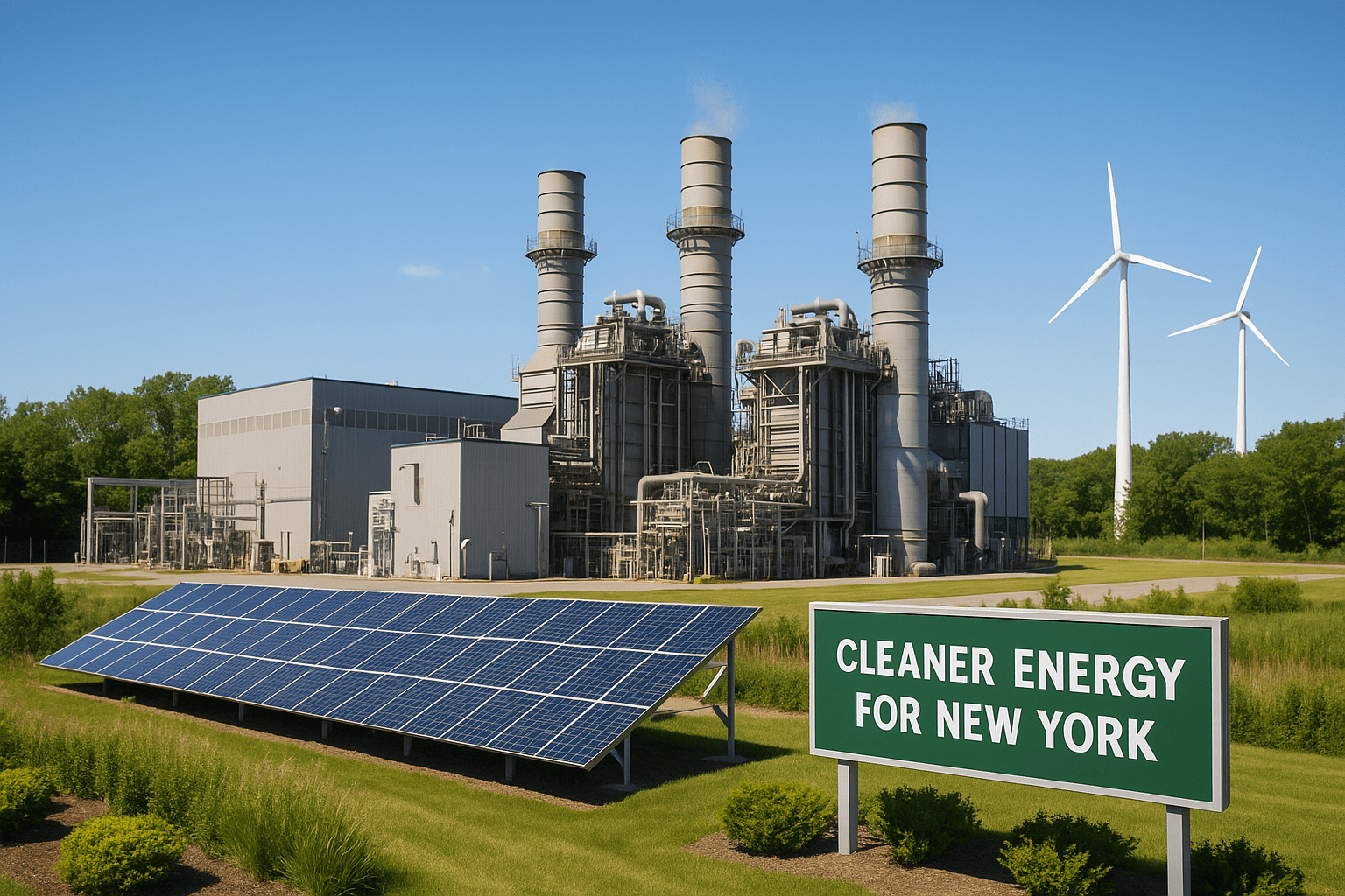 Modern New York power plant with natural gas turbines, solar panels, and wind turbines surrounded by greenery.