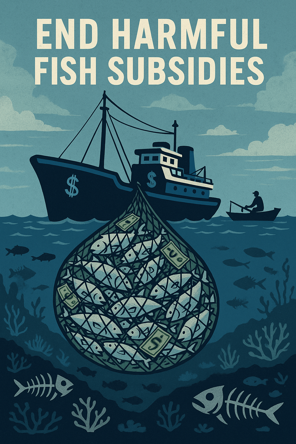 Digital illustration showing an industrial fishing trawler hauling a net filled with fish and dollar bills, with a small boat nearby and a damaged ocean ecosystem below.