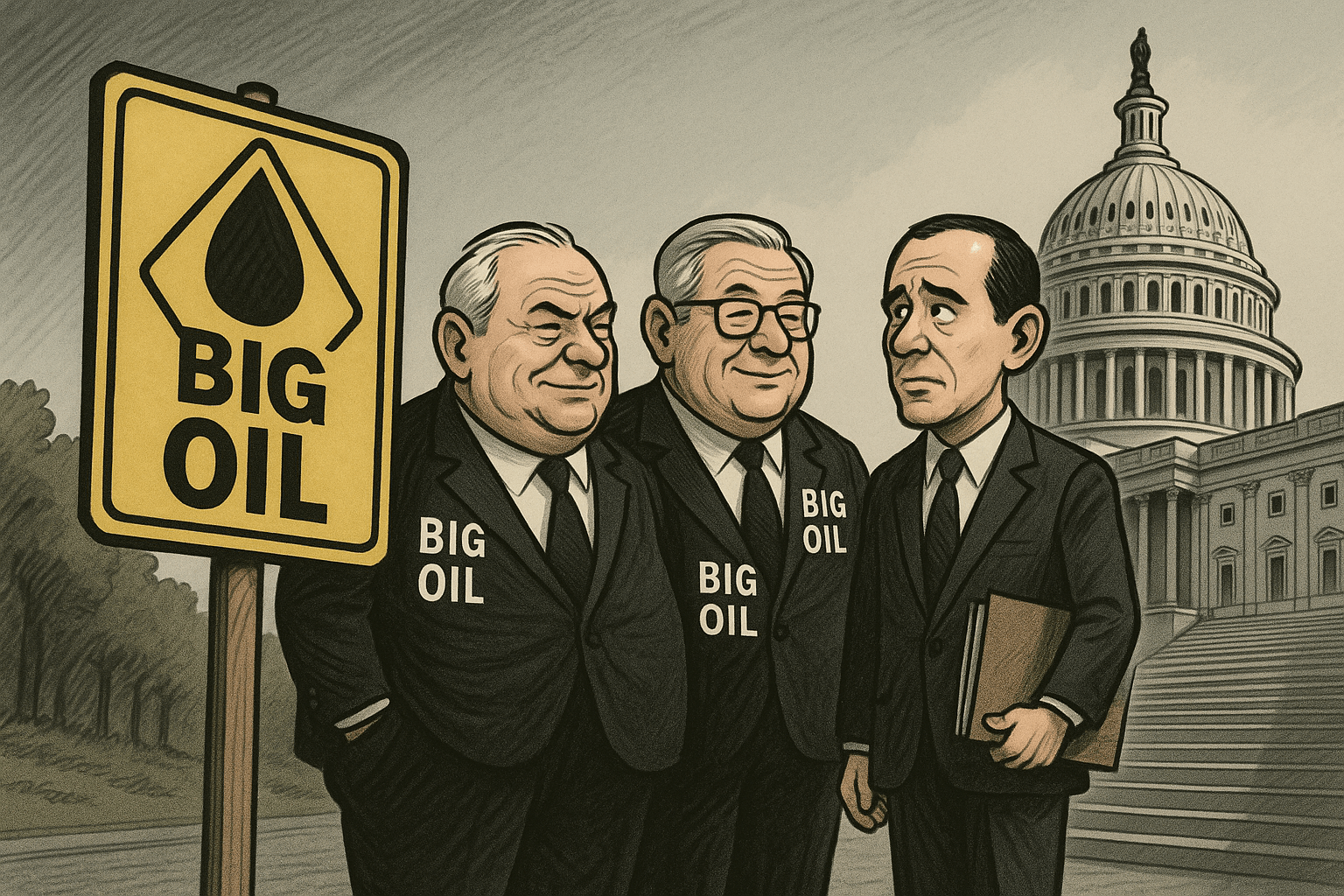 A political cartoon shows three smug oil executives labeled “BIG OIL” standing outside the U.S. Capitol, beside a large yellow warning sign that also reads “BIG OIL.” A worried government official holding a folder stands beside them, looking concerned.