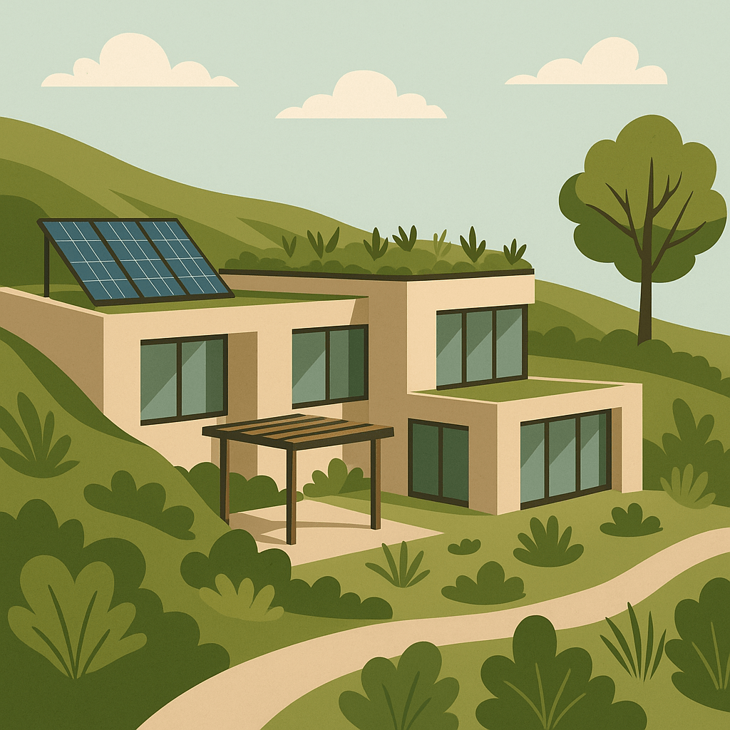 2D digital illustration of a modern eco-friendly home integrated into a hillside, featuring flat green roofs with vegetation, large energy-efficient windows, rooftop solar panels, native landscaping, and a winding path surrounded by lush greenery and trees.