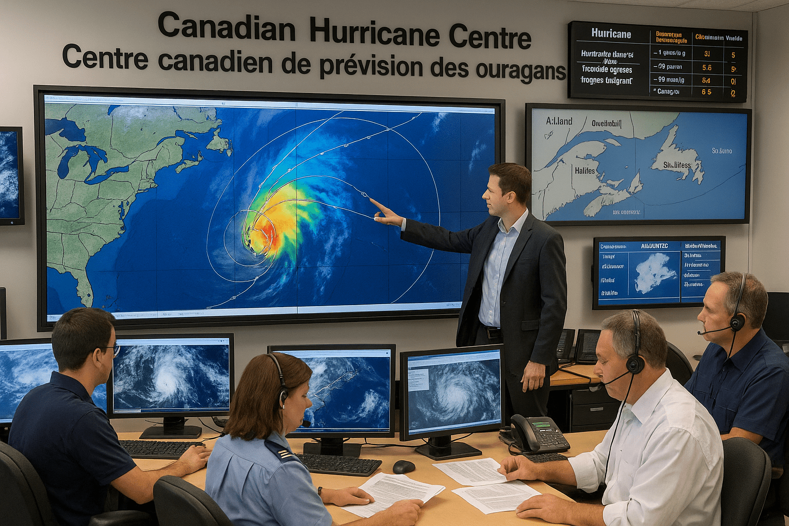 Canadian Hurricane Centre meteorologists analyzing storm data with large digital hurricane map and computer monitors in a modern operations room.