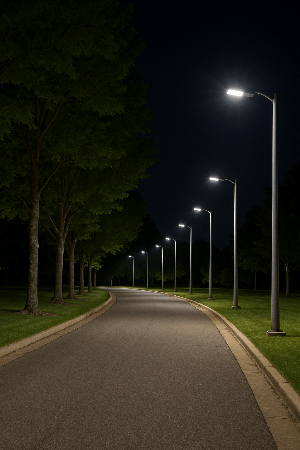 LED streetlights illuminate a quiet, tree-lined road at night in Ann Arbor, casting a bright white glow along the curved pavement and grassy edges.