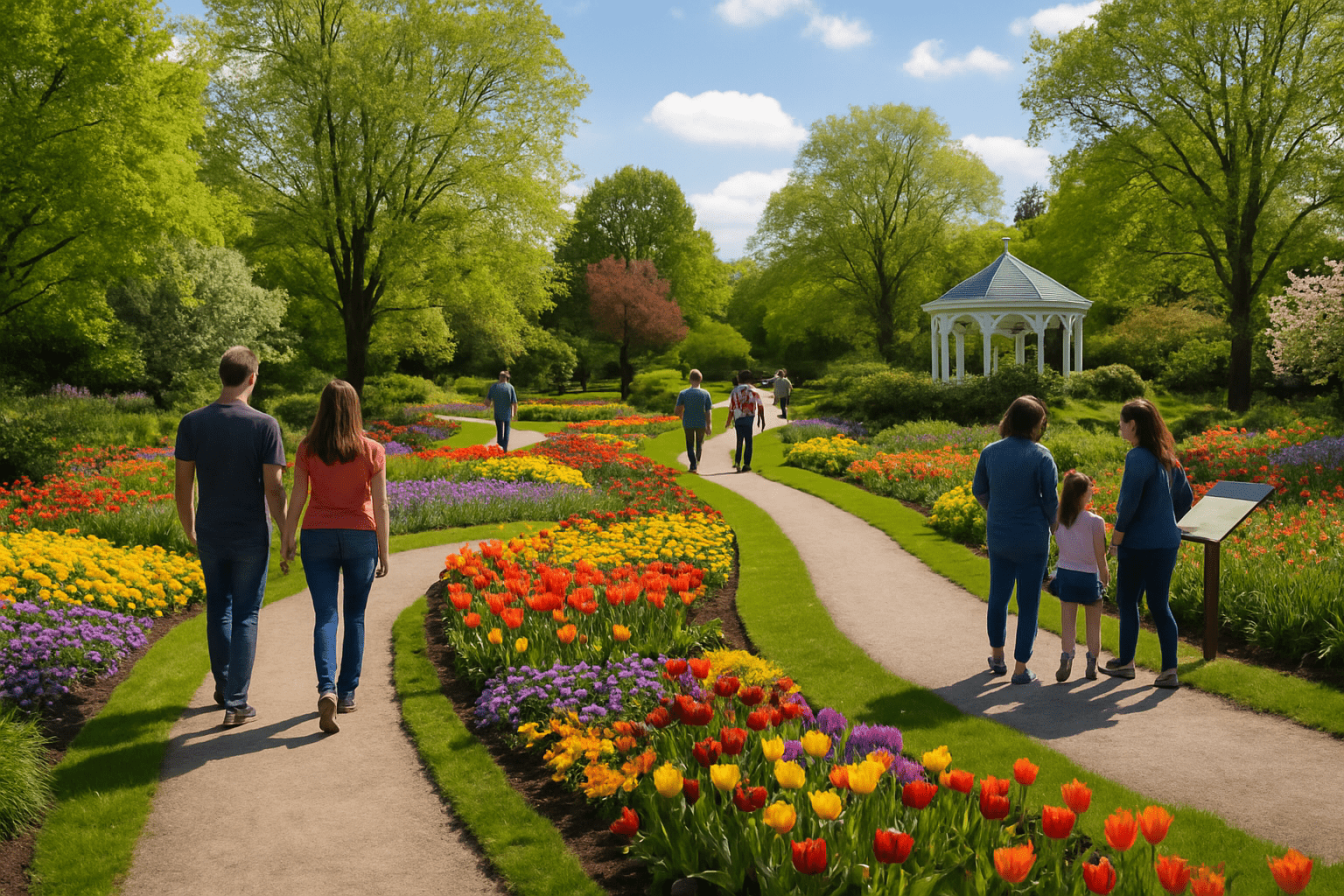 Visitors stroll along winding paths through a colorful public garden filled with blooming flowers, lush green trees, and a white gazebo under a sunny blue sky.