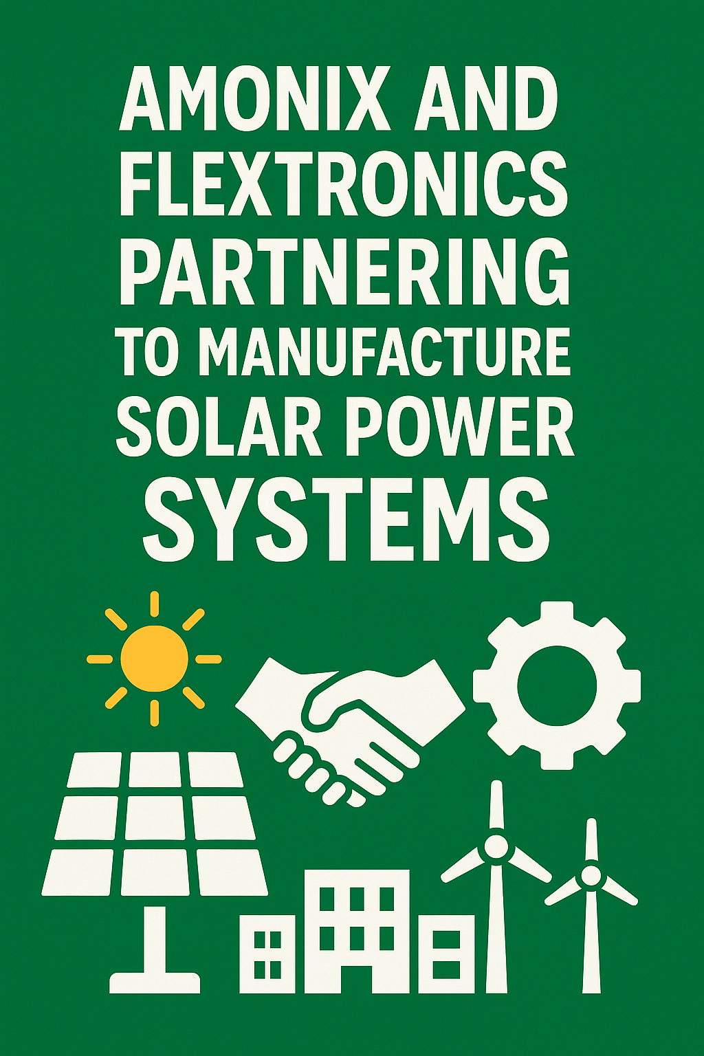 Infographic illustrating the partnership between Amonix and Flextronics, featuring icons of solar panels, manufacturing gear, and a handshake on a green background with bold white text.