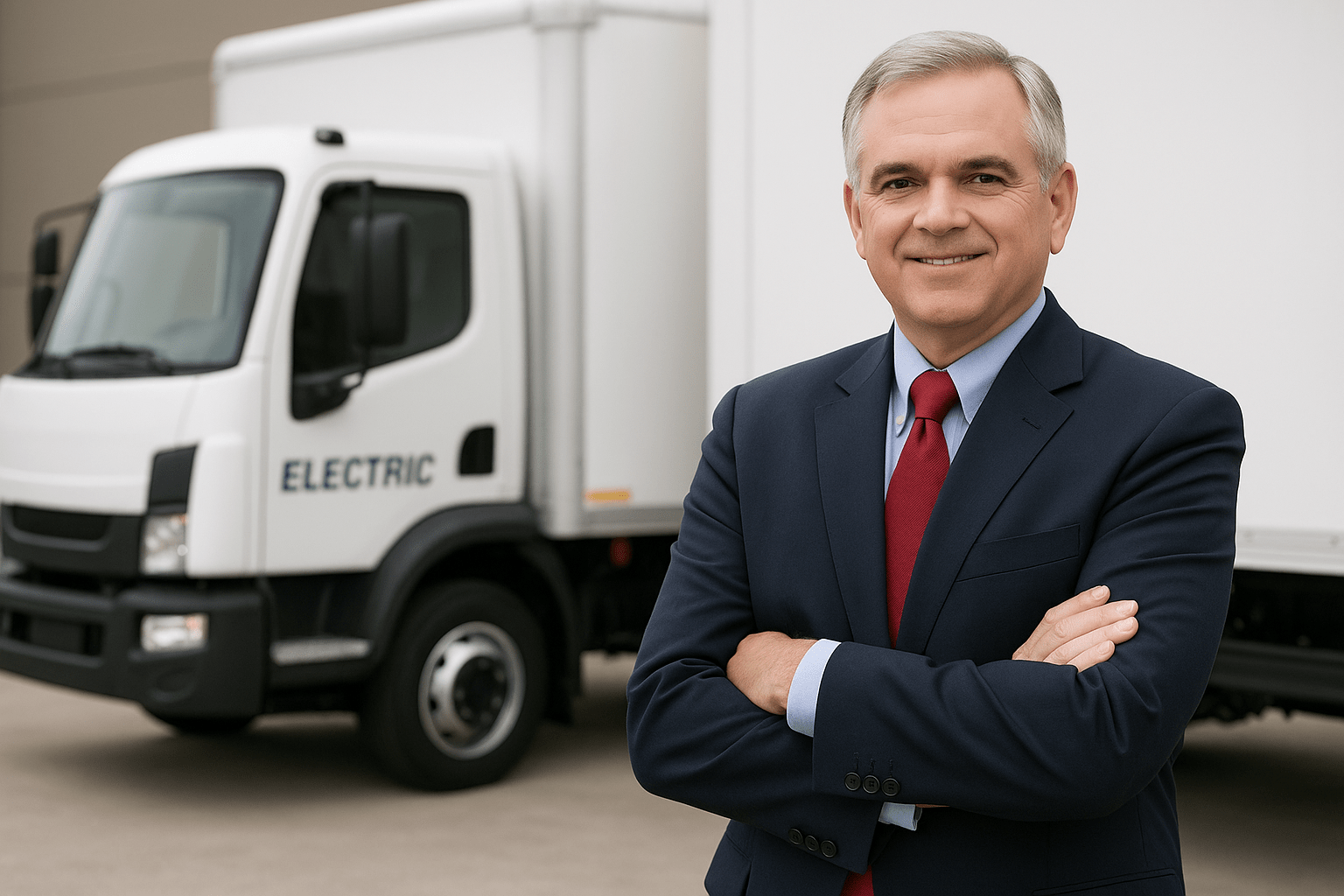 Professional man in suit standing in front of a white electric delivery truck with “ELECTRIC” text on the side, representing leadership in sustainable commercial vehicle operations.