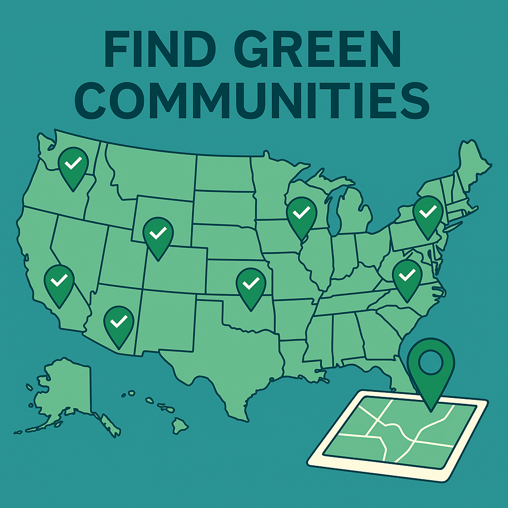 A flat-style digital map of the United States with green location pins and checkmarks identifying certified green communities, titled “Find Green Communities.”