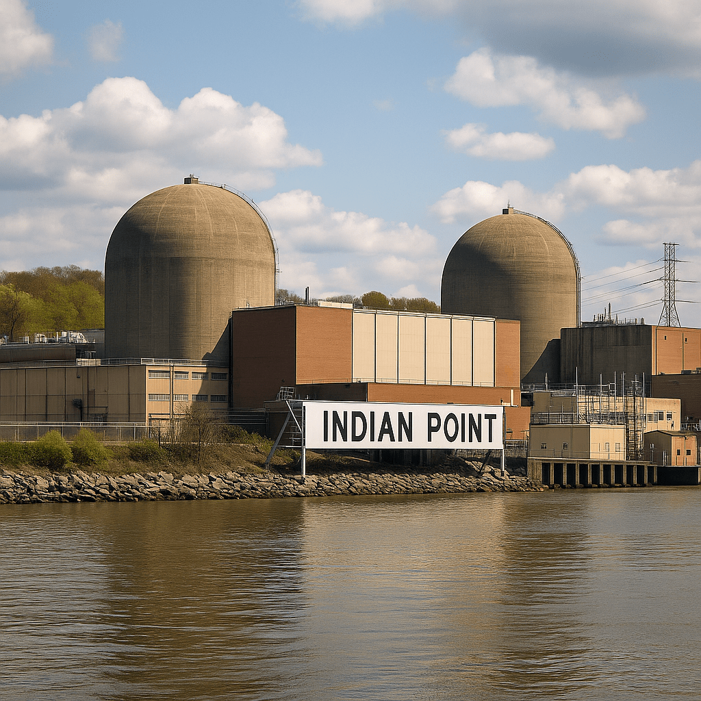 Indian Point nuclear power plant with two concrete domes beside a river.