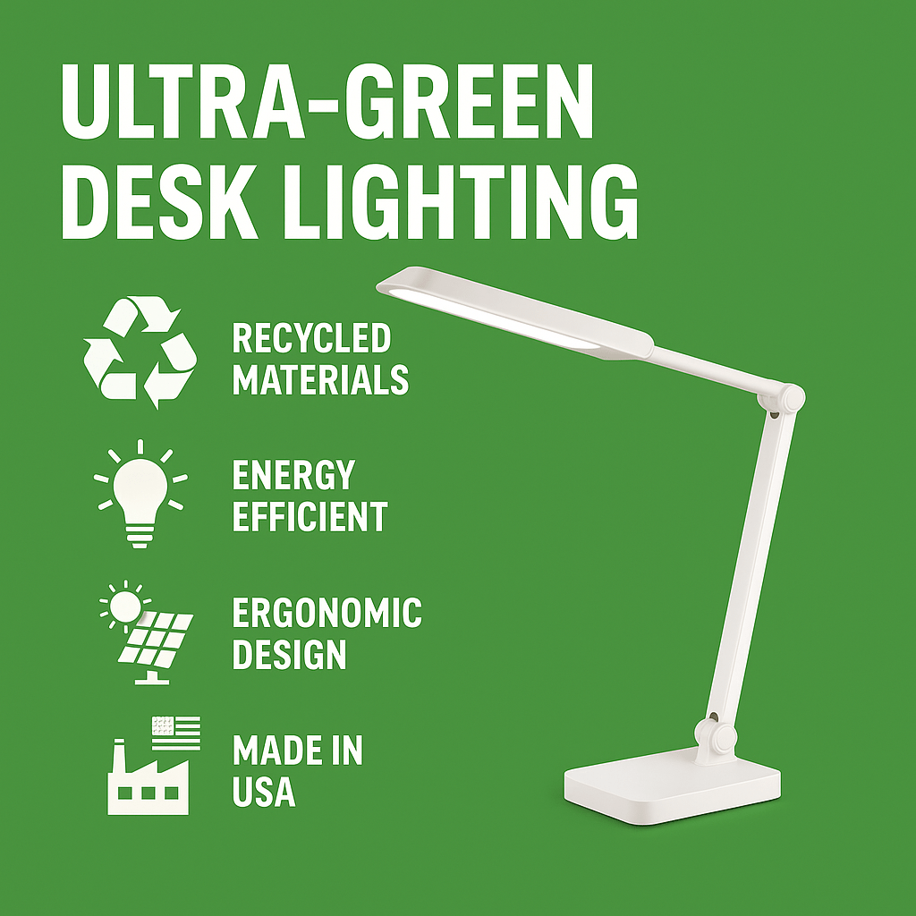 Infographic showcasing the HeronLED desk lamp by LittleFootprint Lighting, featuring icons of recycled materials, energy efficiency, ergonomic design, and American manufacturing on a green background with bold white text. ￼