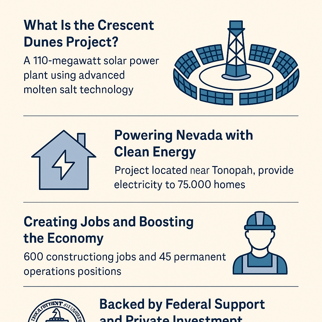 Infographic titled “DOE Backs Major Solar Project in Nevada” explaining the Crescent Dunes Solar Energy Project’s 110 MW capacity using molten salt tech, its ability to power 75,000 homes, creation of 645 jobs, and federal-private financial backing.