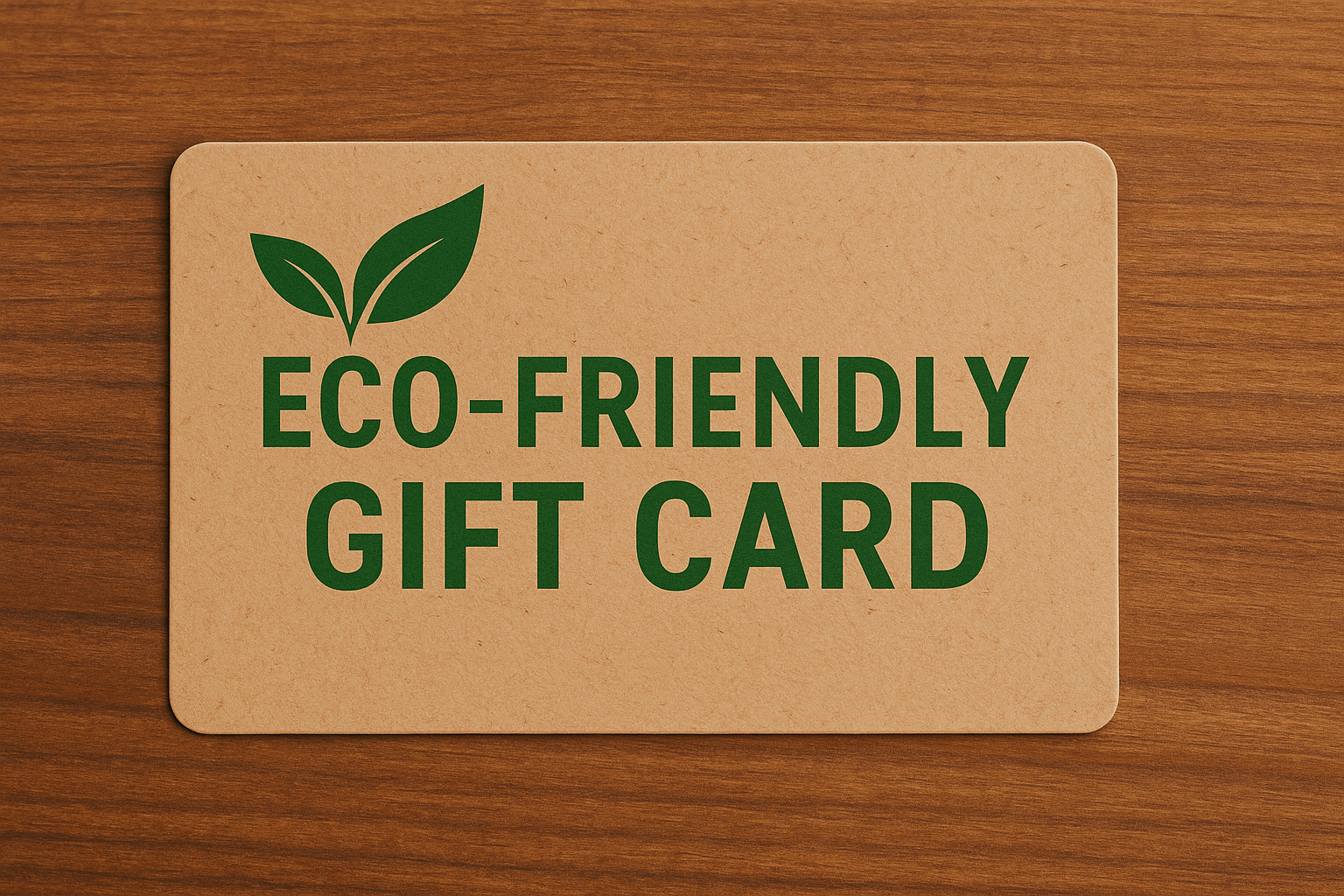 A rectangular eco-friendly gift card made of recycled brown material with green text reading “Eco-Friendly Gift Card” and a leaf symbol, placed on a wooden surface.
