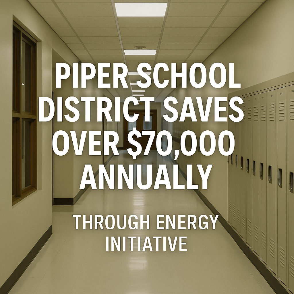 School hallway with lockers and energy-efficient lighting, overlaid with text stating Piper School District saves over $70,000 annually.