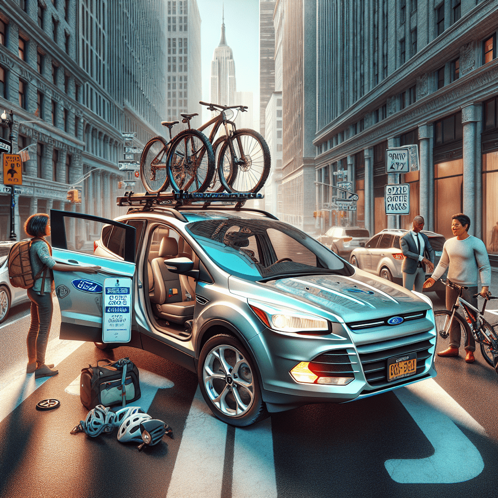 The image showcases a Zipcar Ford Escape SUV parked on a bustling New York City street. Here's a detailed description: Vehicle: A silver Ford Escape SUV with prominent Zipcar branding is the focal point. Bike Rack: A Yakima bike rack is mounted on the SUV's roof, carrying two bicycles. Setting: The scene is set in Manhattan, with towering skyscrapers visible in the background. People: A diverse group of individuals surrounds the vehicle, some dressed in cycling gear and holding helmets. Car Interior: Through an open door, an Empire Passport permit is visible on the dashboard. Street Scene: The street is alive with typical New York City energy, featuring pedestrians and other vehicles. Contrast: The image effectively juxtaposes urban life with outdoor adventure possibilities. Branding: Zipcar's logo and colors are prominently displayed on the vehicle. This image vividly illustrates Zipcar's new initiative, combining urban car-sharing with easy access to bicycling and New York State Parks, all set against the iconic New York City backdrop.