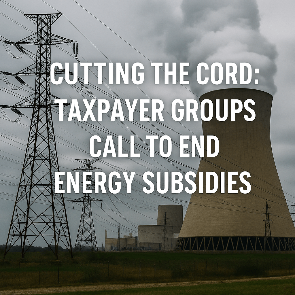 Industrial scene with a nuclear power plant cooling tower and electrical transmission lines under cloudy skies, overlaid with text urging an end to taxpayer-funded energy subsidies.
