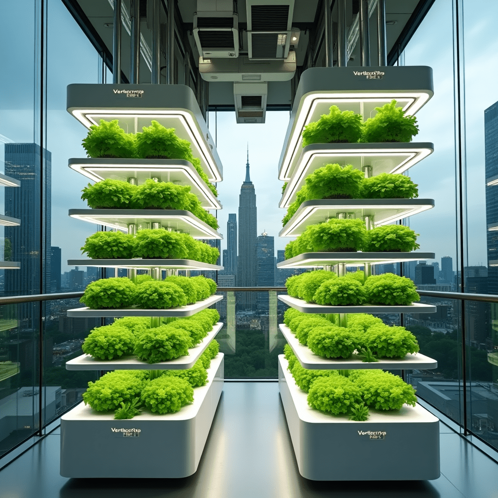 VertiCrop vertical farming system with multiple suspended growing trays arranged in stacked configuration, showcasing dense green leafy vegetables growing in a controlled urban environment, demonstrating high-yield sustainable agriculture technology that uses 92% less water than traditional farming methods.