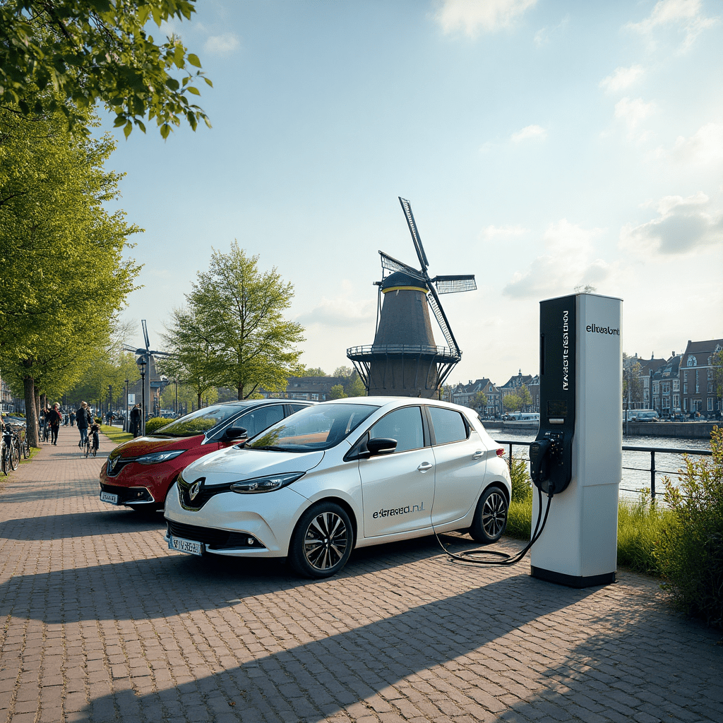 an image to accompany the post about the Renault-Nissan and E-laad.nl partnership. The image shows EVs charging at a Dutch station with both company logos, set against a backdrop of traditional windmills and modern solar panels - perfectly capturing the blend of Dutch heritage and sustainable innovation discussed in the article.