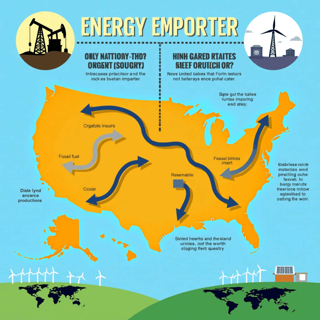 The generated image powerfully illustrates the transformation of the United States from an energy importer to an exporter, as described in the article. At the center, a map of the U.S. serves as the focal point, with energy flow arrows dramatically reversing direction from inward to outward, symbolizing the country's shift towards energy independence and export capabilities. On the left side of the image, depictions of fracking operations and oil rigs represent the surge in domestic fossil fuel production. This visual element directly correlates with the article's mention of hydraulic fracturing unlocking vast reserves of natural gas and the renaissance in U.S. oil production. The right side of the image showcases wind turbines and solar panels, reflecting the article's discussion of renewable energy as the "dark horse" in the race. These clean energy symbols highlight the growing importance of solar and wind installations in America's evolving energy landscape. Above the central U.S. map, a rising graph illustrates increasing energy export projections, aligning with the article's prediction that America could become the world's largest exporter of liquefied natural gas (LNG) by 2020. The lower portion of the image features elements of a global map, indicating the geopolitical shifts mentioned in the article. This visual representation effectively conveys how America's newfound energy clout could reshape global alliances and alter foreign policy priorities. The use of bold, contrasting colors throughout the image emphasizes the dramatic nature of this energy transition and its far-reaching global impact. This infographic-style visualization serves as a powerful companion to the article, bringing to life the complex interplay of factors driving the U.S. towards becoming an energy powerhouse and the potential game-changing effects on global markets.